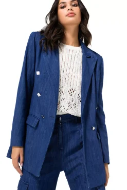 Caroline Biss Vesten*1816-24 / Licht Aansluitende Lange Soepele Jeansblazer