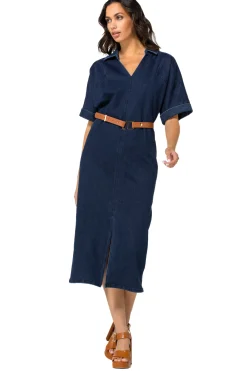 Caroline Biss Jurken*1114-23 / Rechtvallende Midi Jurk In Jeans Met Stretch