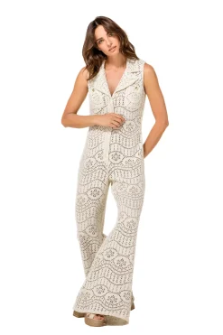Caroline Biss Broeken*1543-34 / Soepelvallende Jumpsuit In Crochet, Wijd Been